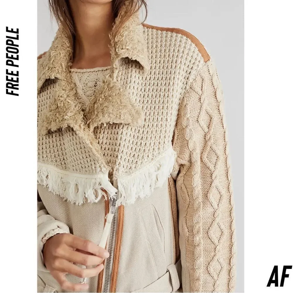 FREE PEOPLE COZY KNIT MIX MOTO JACKET NWT SIZE LARGE CREAM TAN